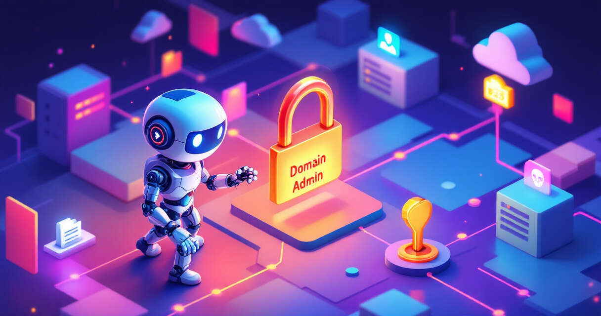 AI cursor robot reaching for Domain Admin key over network map