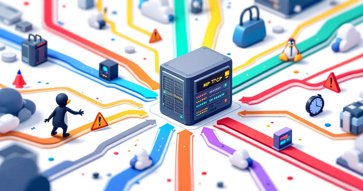Linux server with converging network paths and attacker silhouette