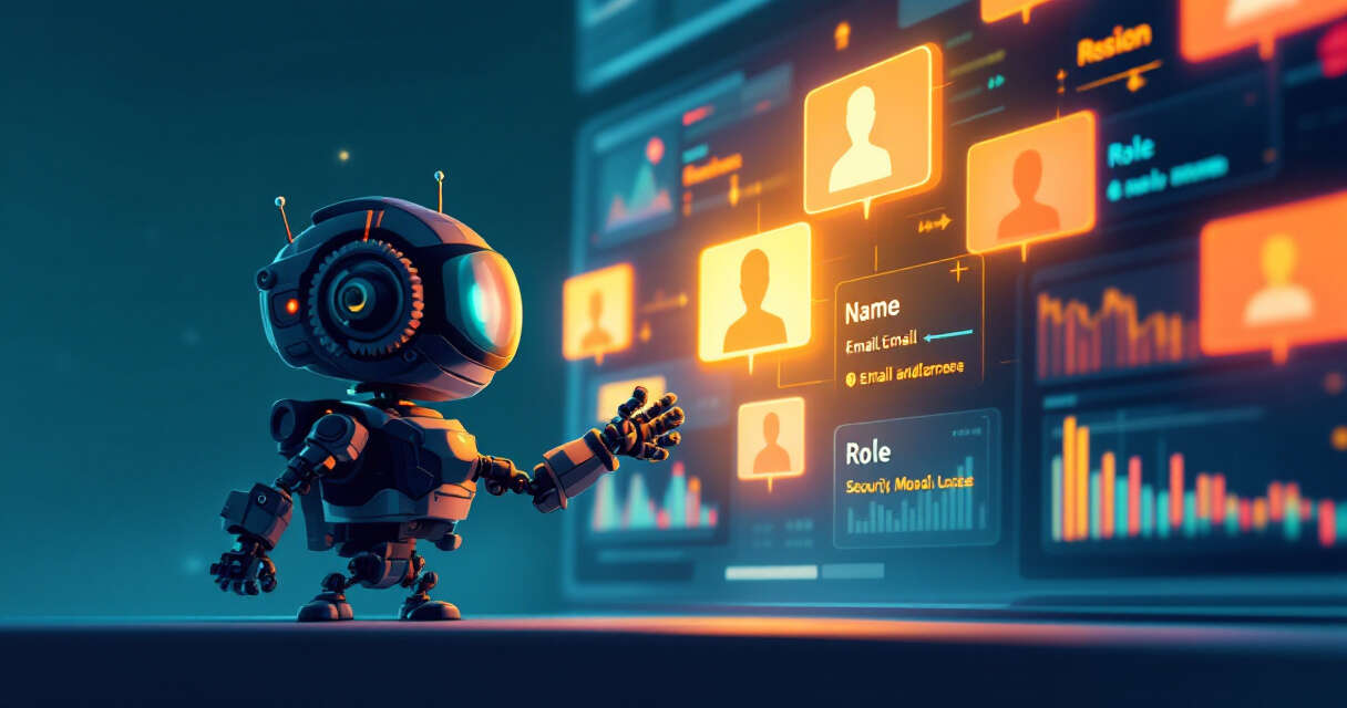 Cartoon security analyst and robotic agent reaching for user profile cards