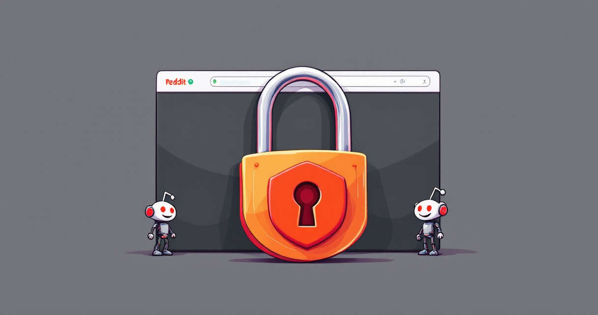 Stylized Reddit homepage with padlock and login modal blocking scraper robots