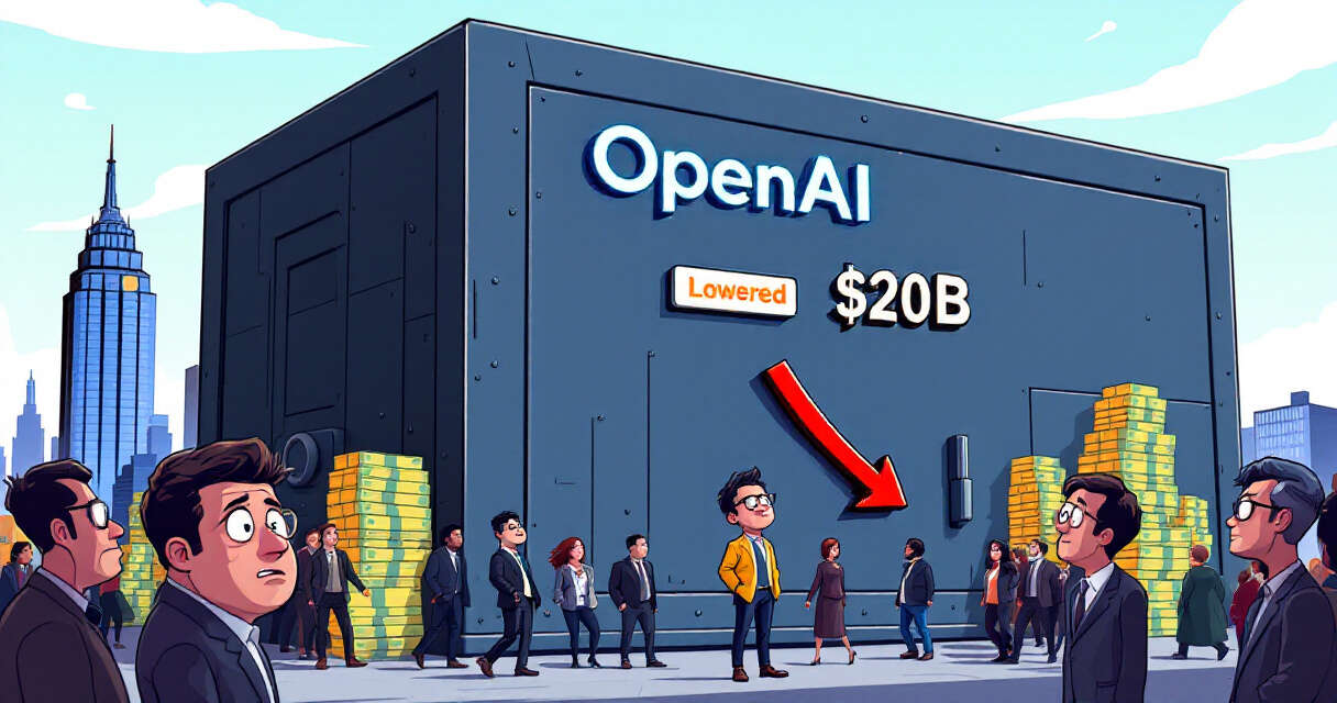 Illustration: OpenAI building with $20B sign and hesitant investors